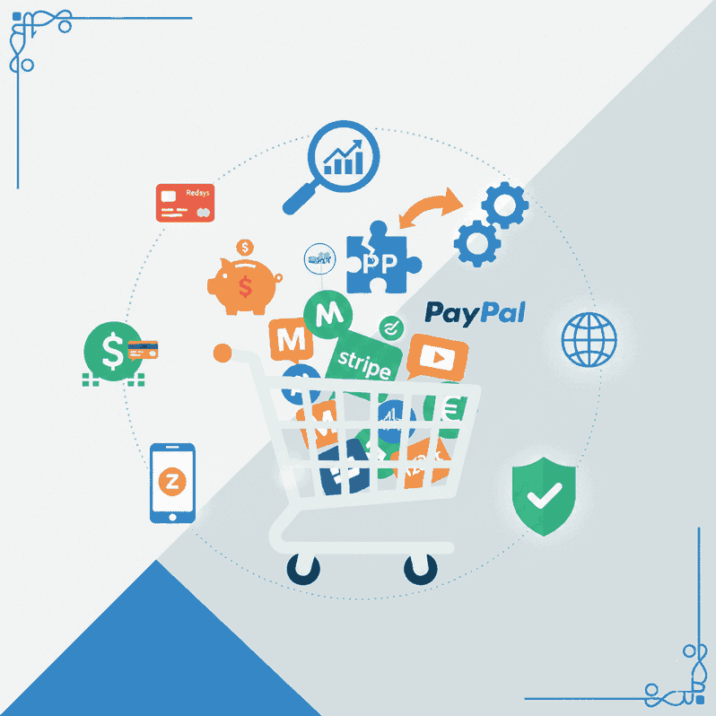 Carrito de compras digital con logos de PayPal, Redsys y Stripe, que representan métodos de pago seguros y optimizados para ecommerce.