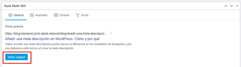 meta description rank math editar snippet