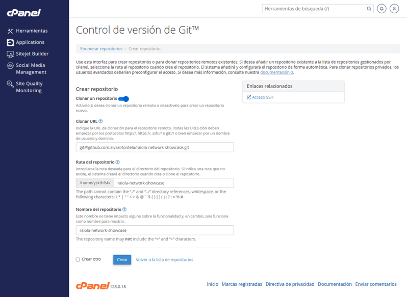 añadir repositorio git cpanel