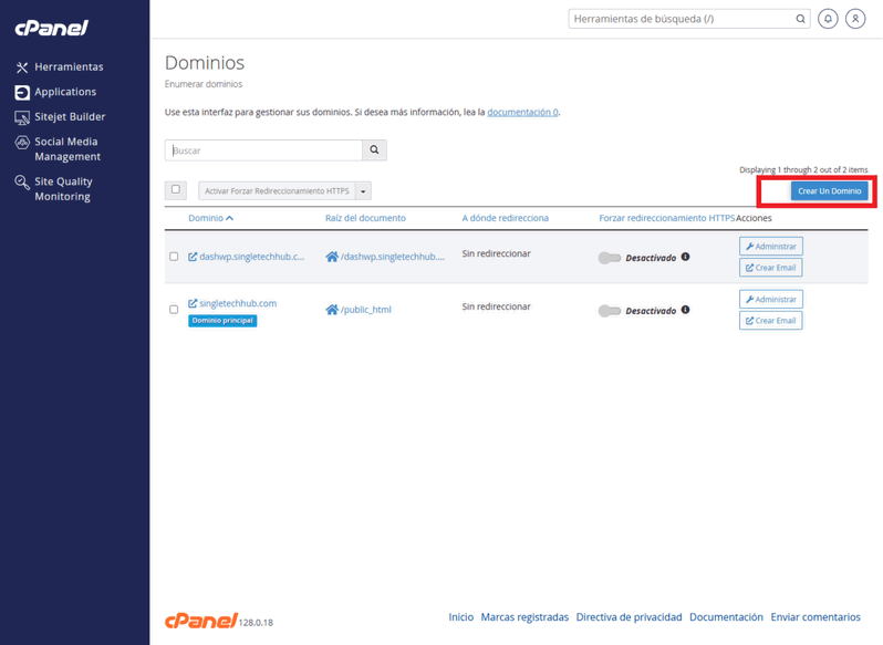 añadir nuevo dominio cpanel