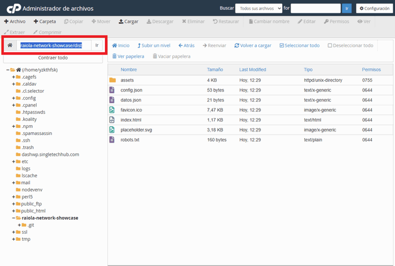 file manager cpanel ruta carpeta