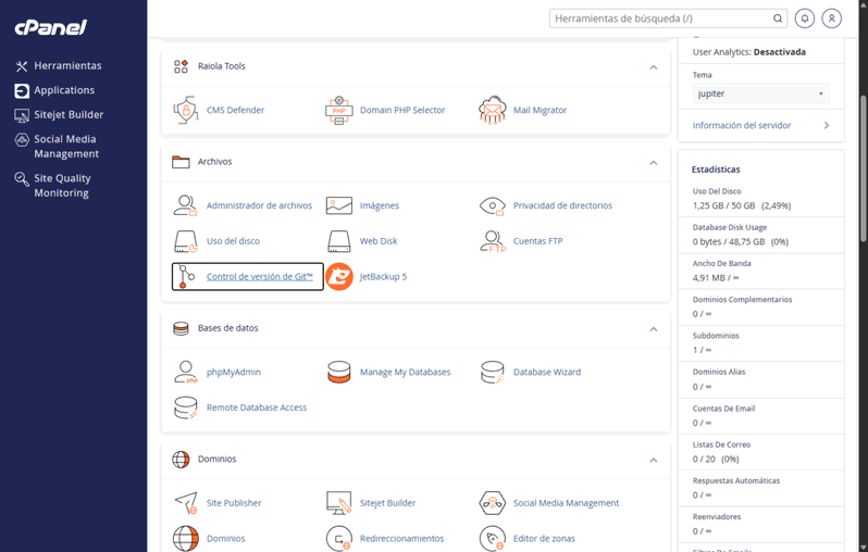 control de version de git cpanel