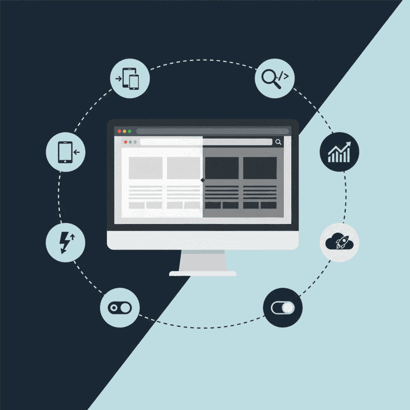 Visualización en mockup con modos claro y oscuro Ordenador mostrando diseño en modo claro y oscuro con elementos que representan funciones y rendimiento.