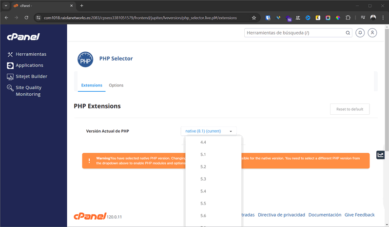 seleccionar versión php cpanel