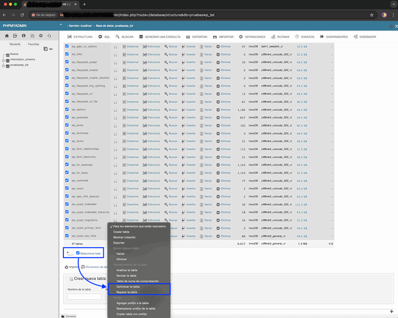 reparar la base de datos, desde phpMyAdmin