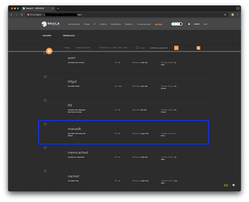 ver tiempo que el servicio de base de datos lleva activo desde RaiolaCP