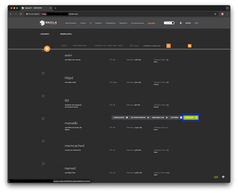 reiniciar el servicio de base de datos desde RaiolaCP