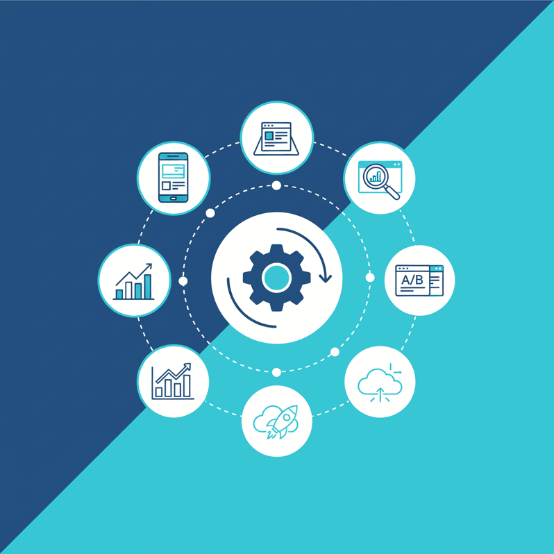 Gráfico circular con iconos de analítica, tests A/B y crecimiento para mejorar llamadas a la acción