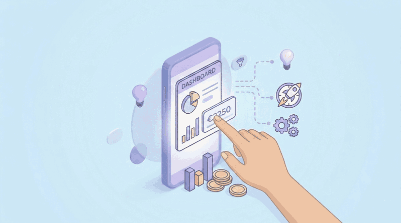 Panel de control y retorno de inversión en una estrategia de social commerce Dedo pulsando dashboard ROI en smartphone con gráficos de métricas, engranajes y monedas para medir resultados de ventas en redes