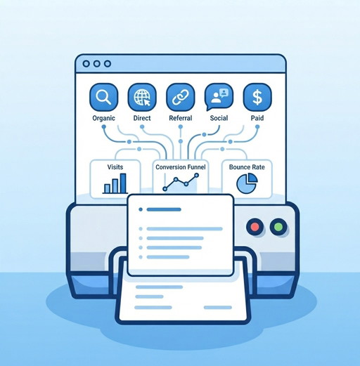Fuentes de tráfico de una web Esquema de las fuentes de tráfico orgánico, directo, referral, social y de pago que alimentan un informe de métricas.