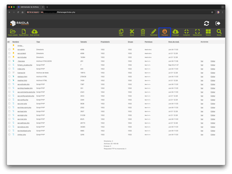 apartado permisos CHMOD de administrador de Archivos de Raiola Control Panel