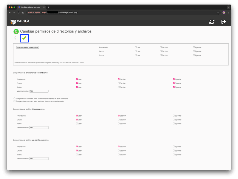 Cambio de permisos CHMOD en Raiola Control Panel