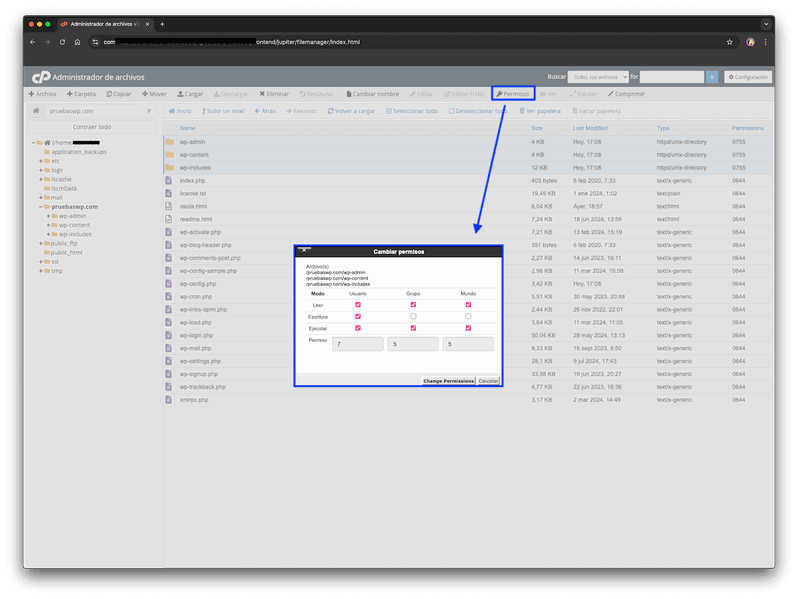 Permisos CHMOD en cPanel