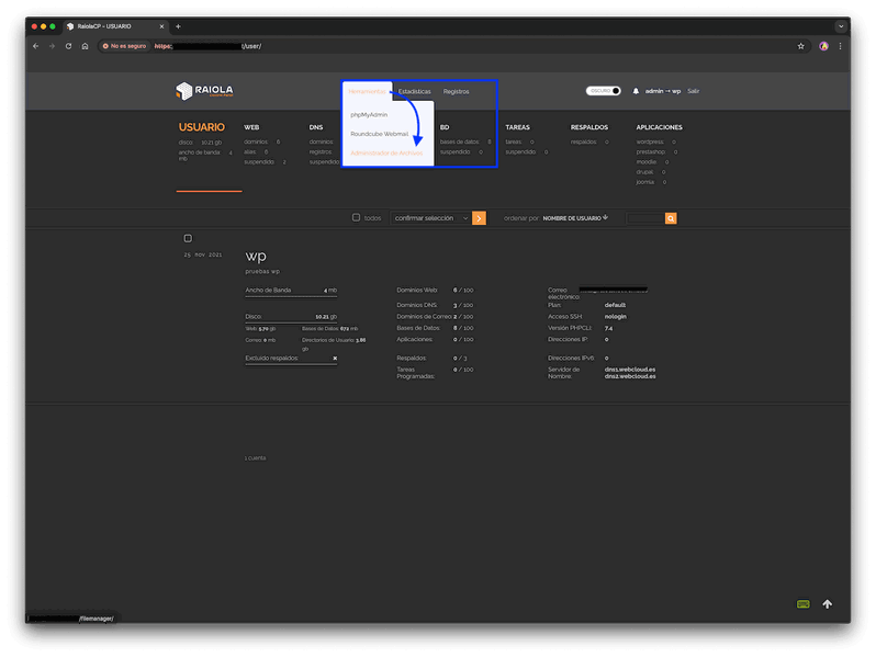 Administrador de Archivos de Raiola Control Panel