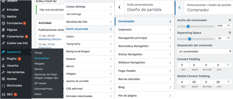 Menú Wordpress: opción Personalizar - Apariencia