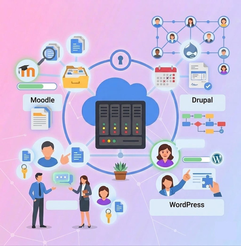 Plataformas y gestión de una intranet Logotipos de WordPress, Drupal y Moodle como plataformas para montar y gestionar una intranet