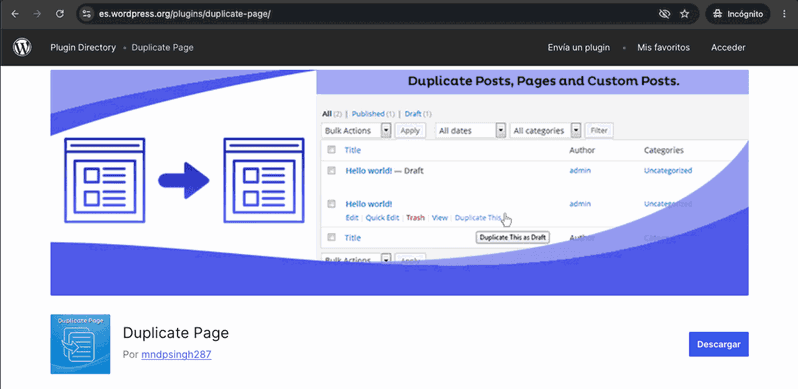 Página del plugin Duplicate Page en el repositorio de WordPress
