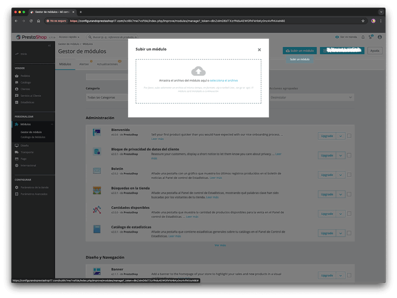 subir módulos manualmente en PrestaShop 1.7.