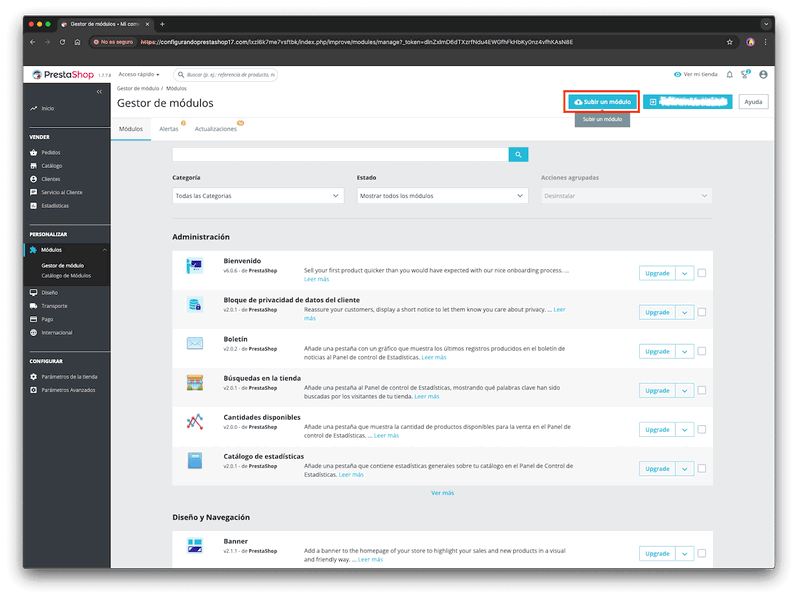 Proceso de instalación de módulos manualmente en PrestaShop Addons versión 1.7