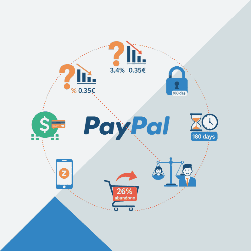 Logotipo de PayPal con iconos que representan sus desventajas principales.