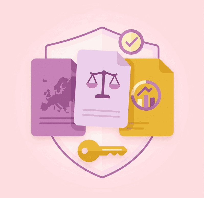 Tres documentos legales centrados sobre un gran escudo protector lineal de color violeta, con una marca de verificación en la parte superior y una llave dorada en la base, transmitiendo confianza y cumplimiento normativo.
