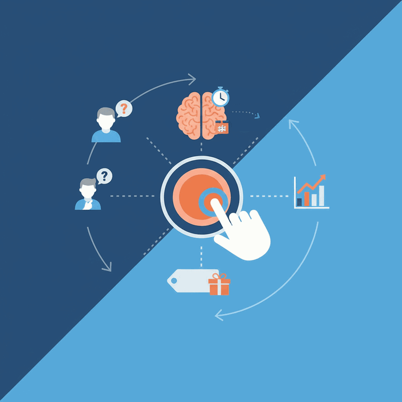 Ilustración sobre la psicología del clic en CTAs con iconos de usuarios, cerebro y métricas de conversión