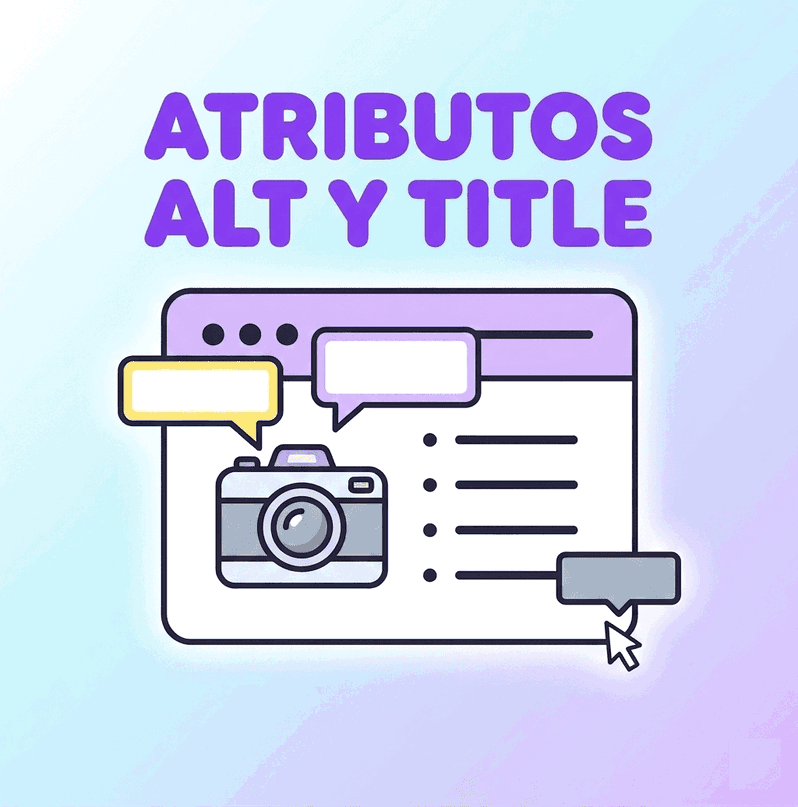 Qué son los atributos alt y title en imágenes Atributos alt y title en imágenes representados con una cámara y una ventana de código.