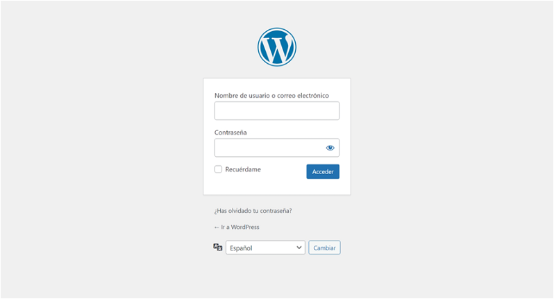 Página de login una vez has completado la instalación de WordPress. Una vez escribas tu usuario y contraseña podrás usar WordPress y crear contenido