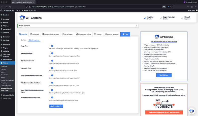 escoger en que formularios y accesos de la web funciona reCaptcha