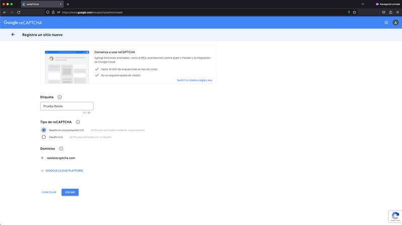 Rellenar campos de Api Key de Google reCaptcha