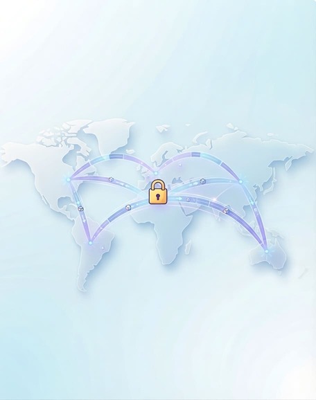 Conexión VPN protegida a escala global Mapa del mundo con conexiones VPN cifradas que salen de un punto con candado hacia distintos países