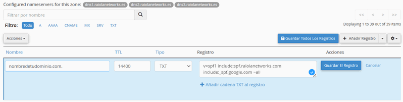 registro SPF de Google Workspace en el editor de zonas de cPanel