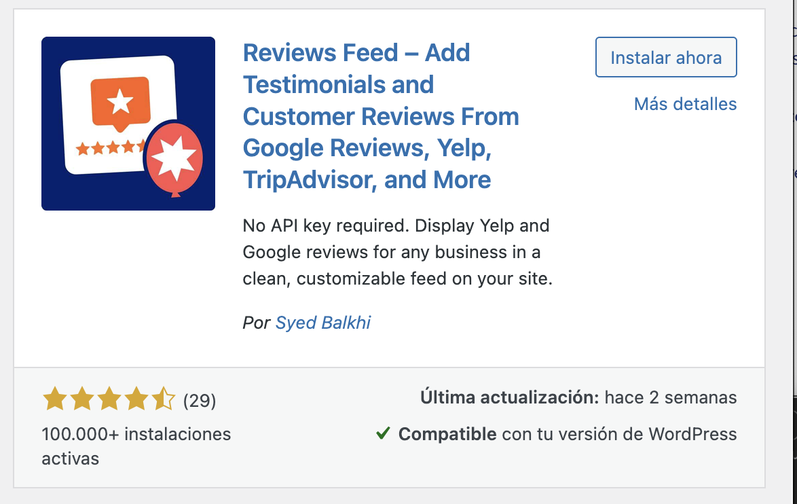 Plugin Reviews Feed de Smash Balloon en WordPress.org con 100.000 instalaciones activas