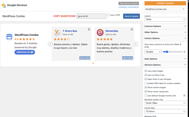 Interfaz de configuración y visualización del plugin Rich Showcase for Google Reviews