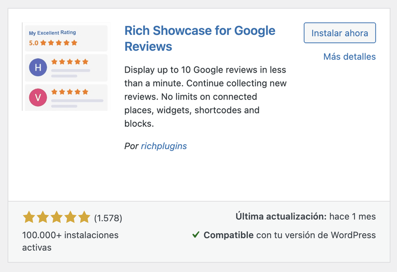 Plugin Rich Showcase for Google Reviews de RichPlugins en WordPress.org con 100.000 instalaciones