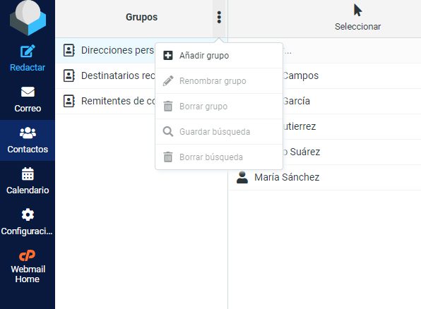 Grupos contactos RoundCube webmail