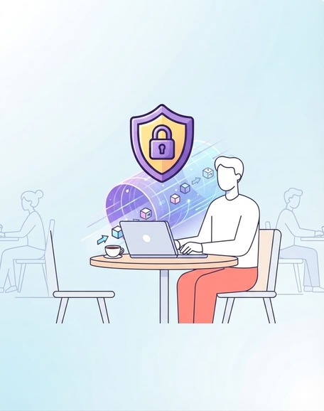 Seguridad con VPN en redes públicas y corporativas Persona trabajando con su portátil en un espacio compartido, protegida por una VPN en la red wifi