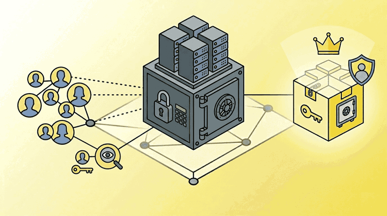 Seguridad y privacidad en Web3, infraestructura descentralizada frente al control de datos centralizado Infraestructura de red con candados y nodos interconectados representando la seguridad y privacidad en Web3