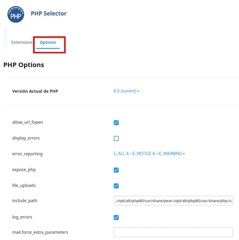 Modificar configuraciones de PHP