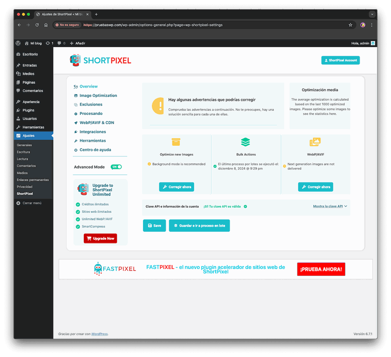 ajustes avanzados de shortpixel en WordPress