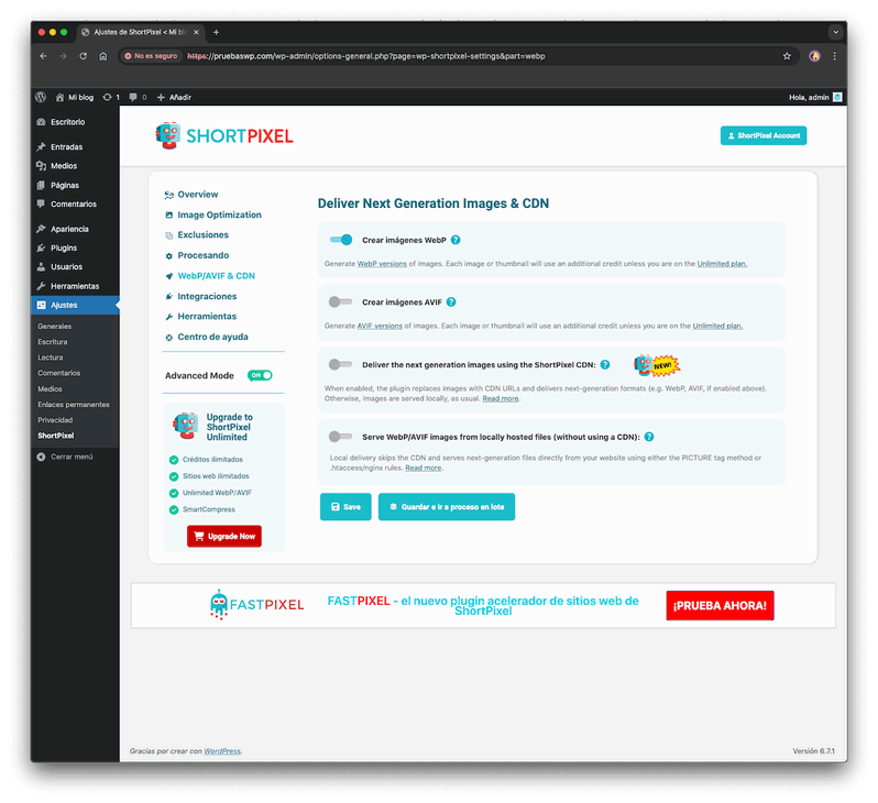 opciones de imágenes de nueva generación de shortpixel