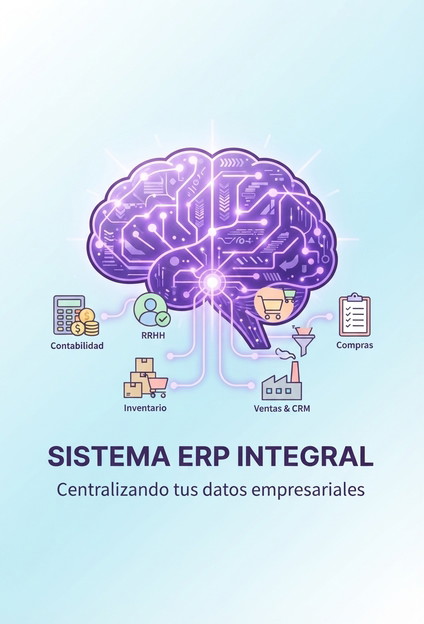 Cerebro digital que conecta contabilidad, RRHH, inventario, compras y ventas en un ERP