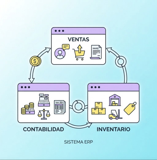 Ciclo de un ERP en el que ventas, inventario y contabilidad comparten la misma información