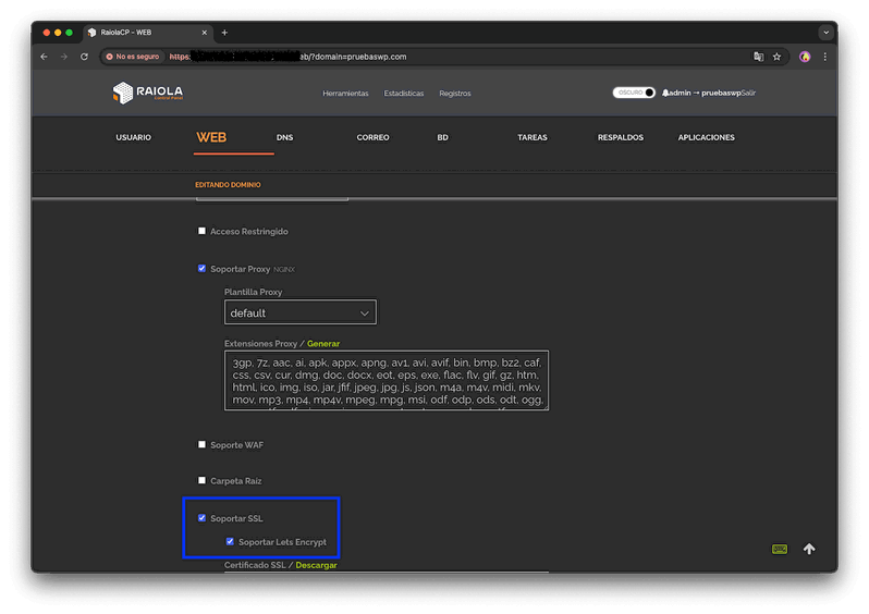 Revisar configuración HTTPS en RaiolaCP
