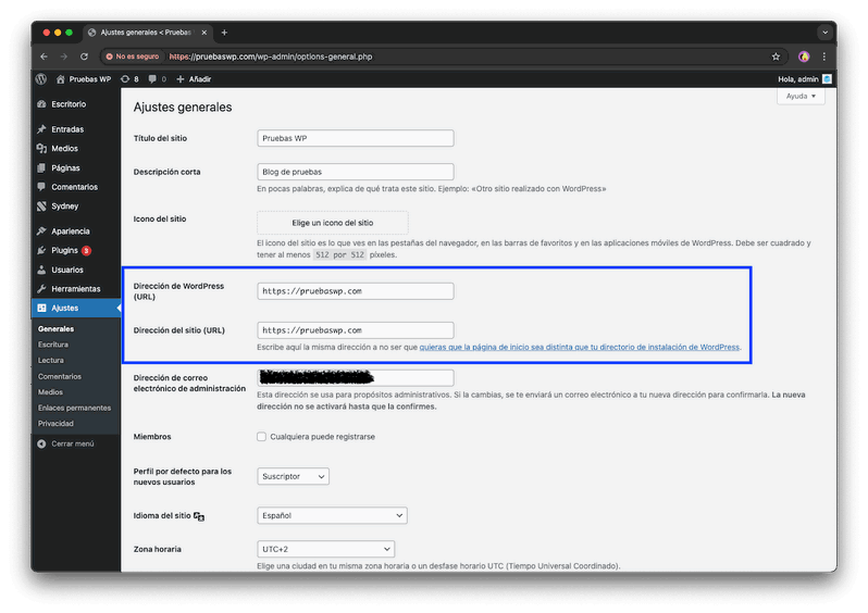 Comprobar si el siteurl y home sean correctos, desde WordPress