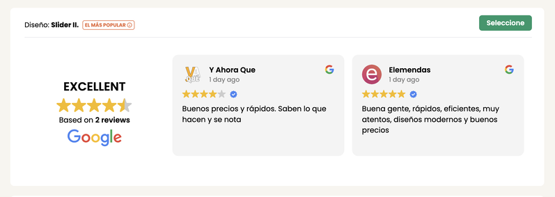 Ejemplo de widget de reseñas de Google con puntuación Excellent en una web