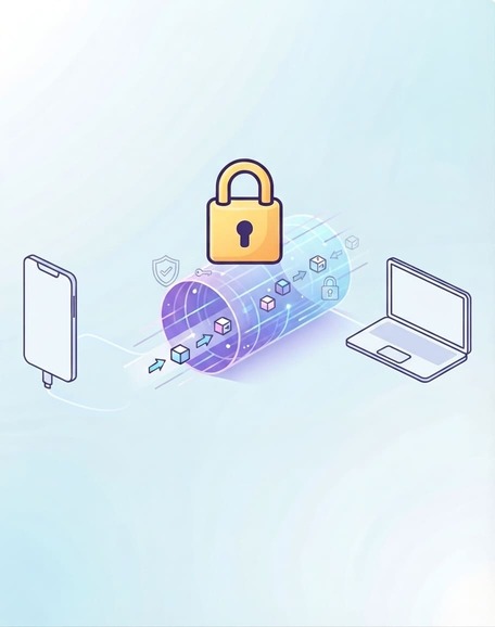 Túnel cifrado de una VPN entre dispositivos Túnel cifrado de una VPN que conecta un móvil y un portátil, con un candado que protege los datos