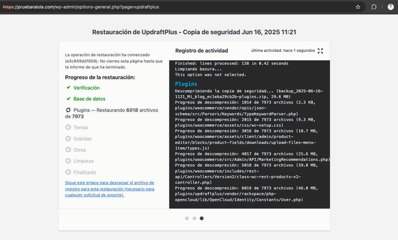 log en directo de todo el progreso de restauración
