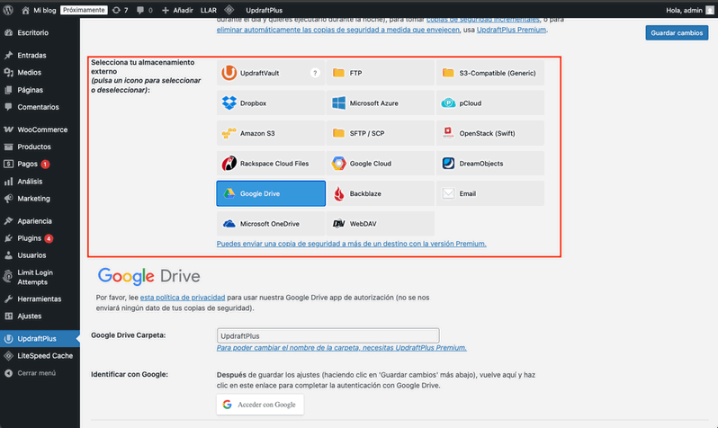 configurar un almacenamiento externo con UpdraftPlus