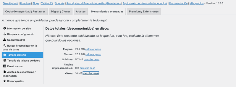 calcular el uso de disco en UpdraftPlus